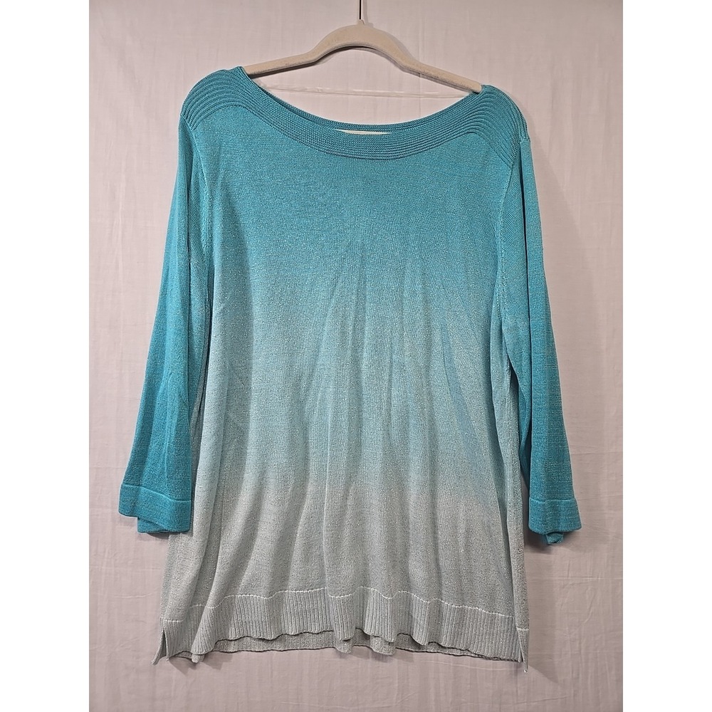 NWT Chico's Ombré Aqua Pullover‎ Sweater Women's 3P/XLP Shimmer 3/4 Sleeves
